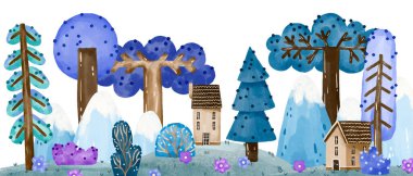 Çizgi film ağaçlarıyla, evlerle dolu dağ manzarası. Bebek odası için doğa tasarımı. Çocuk odası duvar tasarımı