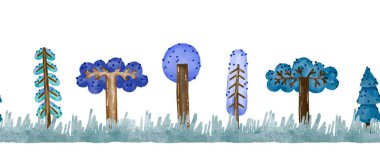 Çizgi filmlerdeki orman ağaçları, köknar, çimenlerin üzerindeki ladin desenleri. Suluboya elle çizilmiş arka plan. Çizgi film illüstrasyonu