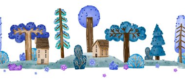 Evleri, orman ağaçlarını, köknarı, ladini, çalıları olan sınırsız bir düzen. Suluboya elle çizilmiş arka plan. Çizgi film illüstrasyonu