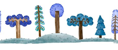 Orman ağaçları, köknar ve ladin ile sınırsız desen. Suluboya elle çizilmiş arka plan. Çizgi film illüstrasyonu