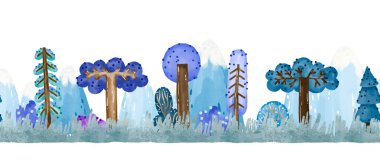 Karikatür orman ağaçları, köknar, çim üzerinde ladin deseni. Suluboya elle çizilmiş arka plan. Çizgi film illüstrasyonu