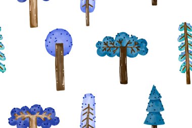 Çizgi filmlerdeki peri ağaçlarıyla kusursuz desen. El çizimi suluboya arkaplan