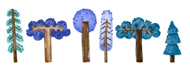 İzole edilmiş arka planda çizgi film ağaçları. Suluboya el çizimi koleksiyonu