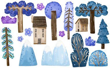 Manzara elementleri. El yapımı suluboya doğa klipsi. Ağaçlar, evler, izole edilmiş arka planda dağlar