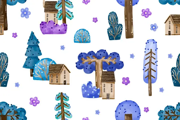 Peri köyü, çizgi film ağaçları, evler kusursuz desenli. Orman suluboya arka planı