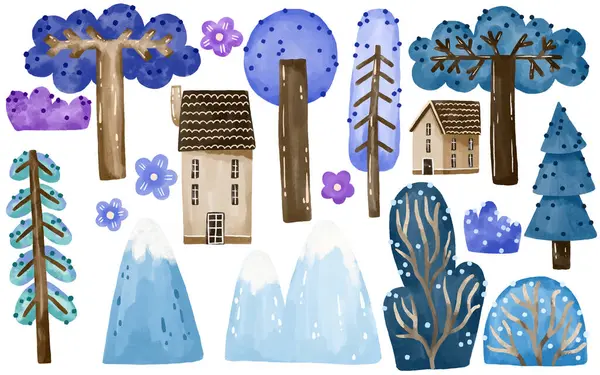 Manzara elementleri. El yapımı suluboya doğa klipsi. Ağaçlar, evler, izole edilmiş arka planda dağlar