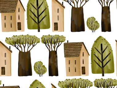 Yeşil ağaçlı ve arabalı kusursuz çizgili desen. Çizgili köy tasarımı. Araba suluboya arka plan