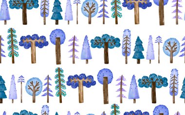 Peri ormanı suluboya ile kusursuz desen. Ağaç arka planı. Doğa. Dekor, ambalaj ve tekstil için mükemmel.