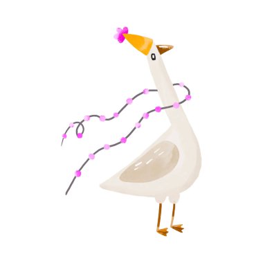 Palyaço tacı ve hafif çelenkli komik beyaz ördek. İzole edilmiş arkaplanda elle çizilmiş suluboya resimlerini kutluyoruz