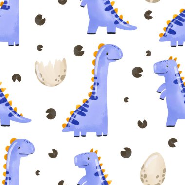 Kusursuz desenli çizgi film bebeği Mavi dinozor. Dinozor çocuk. Yeni doğan tasarımı. Tatil günü. Dinozor eliyle izole edilmiş arkaplanda suluboya çizimi