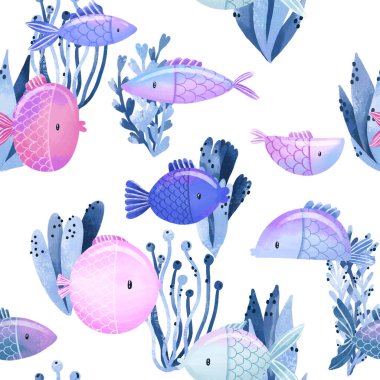 Denizin ve okyanusun altında, komik balıklar, mavi yosunlu eller, denizcilere has desenler çiziyordu. Okyanus faunası. Çizgi film baskısı, arka plan. Basit tasarım
