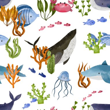 Sualtı yaşamı, suluboya desenli, derin sularda çizilmiş. Suluboya balıkları, okyanus dibi bitkileri, yosunlar, deniz otları. Çocuk geçmişi, tekstil, baskı ve tasarım için mükemmel.