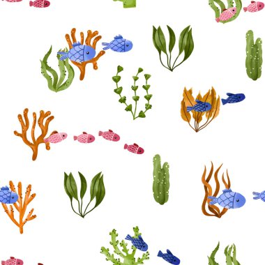 Sualtı yaşamı, suluboya desenli, derin sularda çizilmiş. Suluboya balıkları, okyanus dibi bitkileri, yosunlar, deniz otları. Bebek sanatı