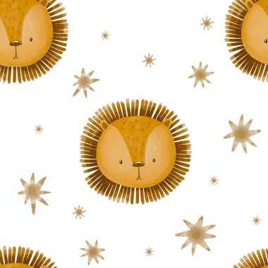 Yeni doğmuş kusursuz desenler için sevimli aslan oyuncağı. Suluboya arkaplanı