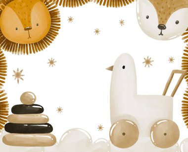 İçinde şirin ördek, kaz oyuncağı, aslan, tilki ve tahta piramit olan bebek tebrik kartı. El çizimi suluboya bebek partisi tasarımı 