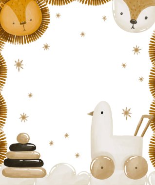 Şirin ördek, kaz oyuncağı, aslan, tilki ve tahta piramitli Dikey Bebek tebrik kartı. El çizimi suluboya bebek partisi tasarımı 