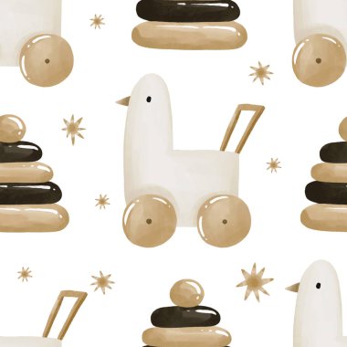 Ördek oyuncağı ve ahşap piramitli şirin bebek deseni. Suluboya arka plan. Çocuk tasarımı, Wallart, kağıt