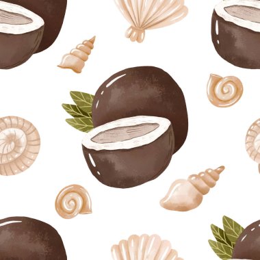 Hindistan cevizi ve deniz kabuğu izi. Plaj tropikal sonsuz tasarım