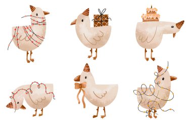 Çizgi film ördekleri, doğum günü kaz eli izole arka planda suluboya çizimleri. Parti koleksiyonu