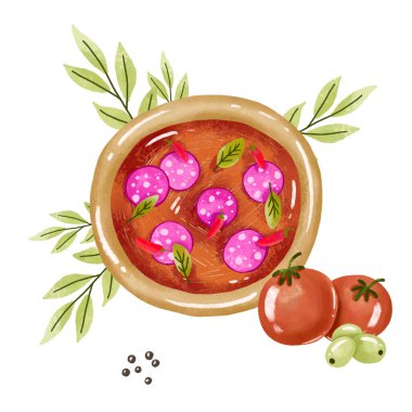 Pizzalı kart, kafe, restoran eli izole arka planda suluboya çizimi