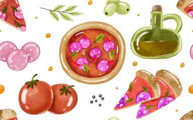 Pizzalar kusursuz. Pepperoni, pizza dilimi, domates, zeytinyağı, suluboya elle çizilmiş tasarım.