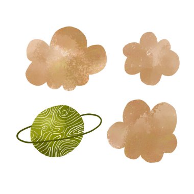 Bulutlu ve gezegenli uzay galaksisi elementleri. El çizimi illüstrasyon