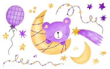 Ayılar ay setinde uyur. Bebek eli çizilmiş suluboya çizimi. Yeni doğan tasarımı