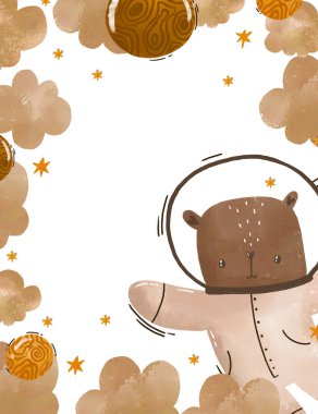 Bebek partisi için dikey kart. Ayı astronot. Bulutlu galaksi gezegeni ile uzay çizimi. İzole edilmiş arkaplanda suluboya çizimi