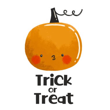 Mutlu Cadılar Bayramı portakallı balkabağı tebrik kartı. Soyutlanmış arka planda Cadılar Bayramı suluboya çizimi. Şaka mı şeker mi?