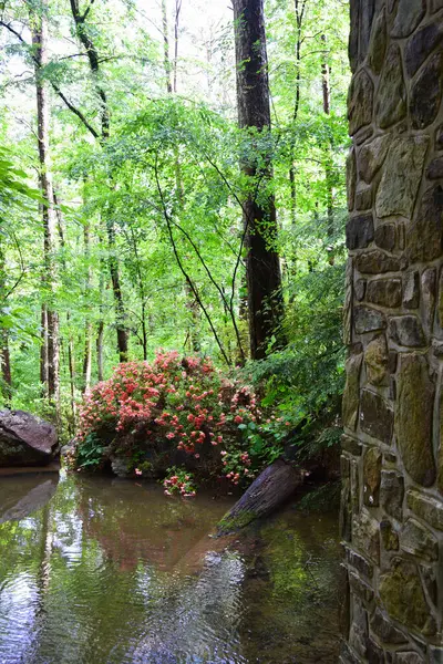 Pembe çiçeklerle çevrili sakin bir yansıtıcı havuz ve Arkansas Garvan Bahçeleri 'nde sağlam bir taş sütun.