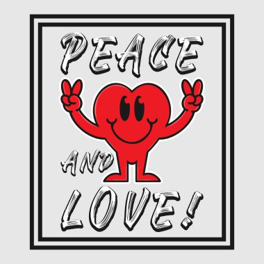 Aşk ve barış içeren kalp emojisi karikatürü. Pozitif alıntılar, tipografi tasarım vektörü.