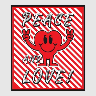 Aşk ve barış içeren kalp emojisi karikatürü. Pozitif alıntılar, tipografi tasarım vektörü.