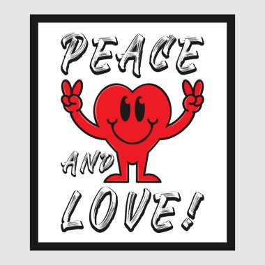 Aşk ve barış içeren kalp emojisi karikatürü. Pozitif alıntılar, tipografi tasarım vektörü.