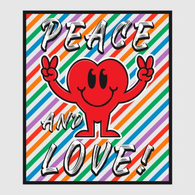 Aşk ve barış içeren kalp emojisi karikatürü. Pozitif alıntılar, tipografi tasarım vektörü.