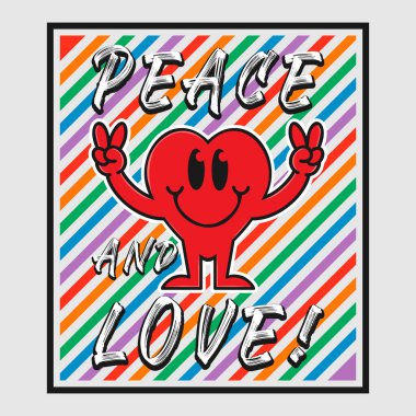 Aşk ve barış içeren kalp emojisi karikatürü. Pozitif alıntılar, tipografi tasarım vektörü.