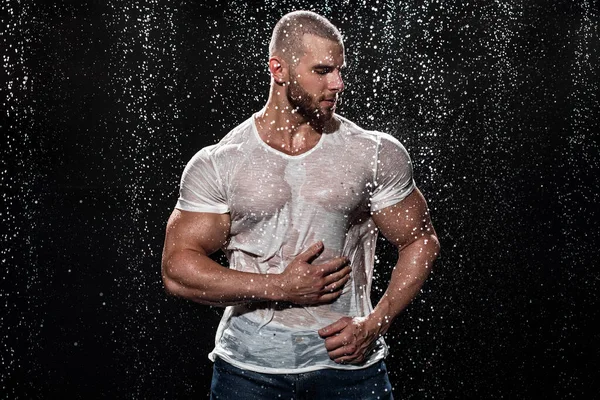 Muscular Man Rain Studio Sexy Male Water Drops —  Fotos de Stock