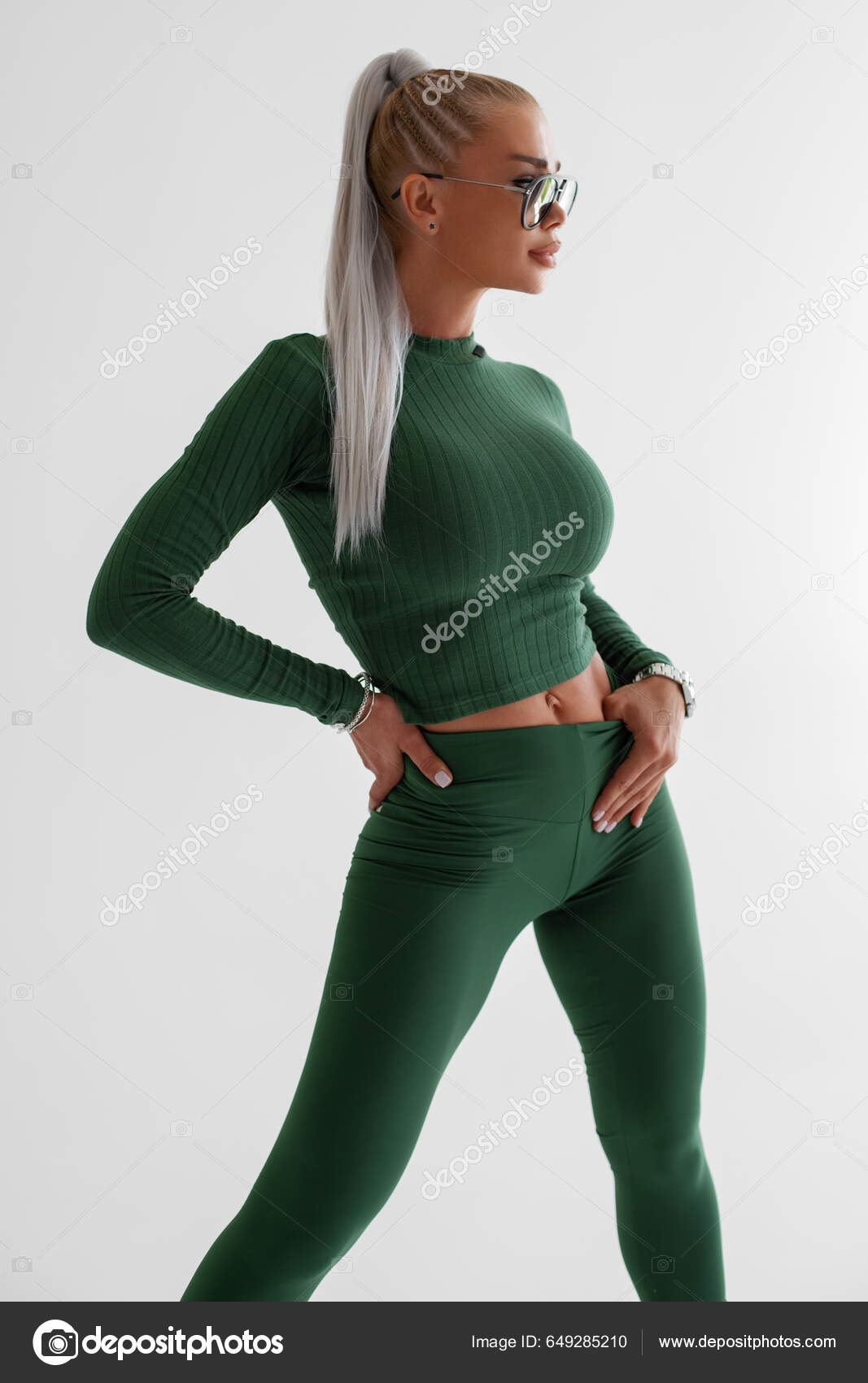 Sexy Fitness Woman Beautiful Athletic Girl Green Leggings Stock