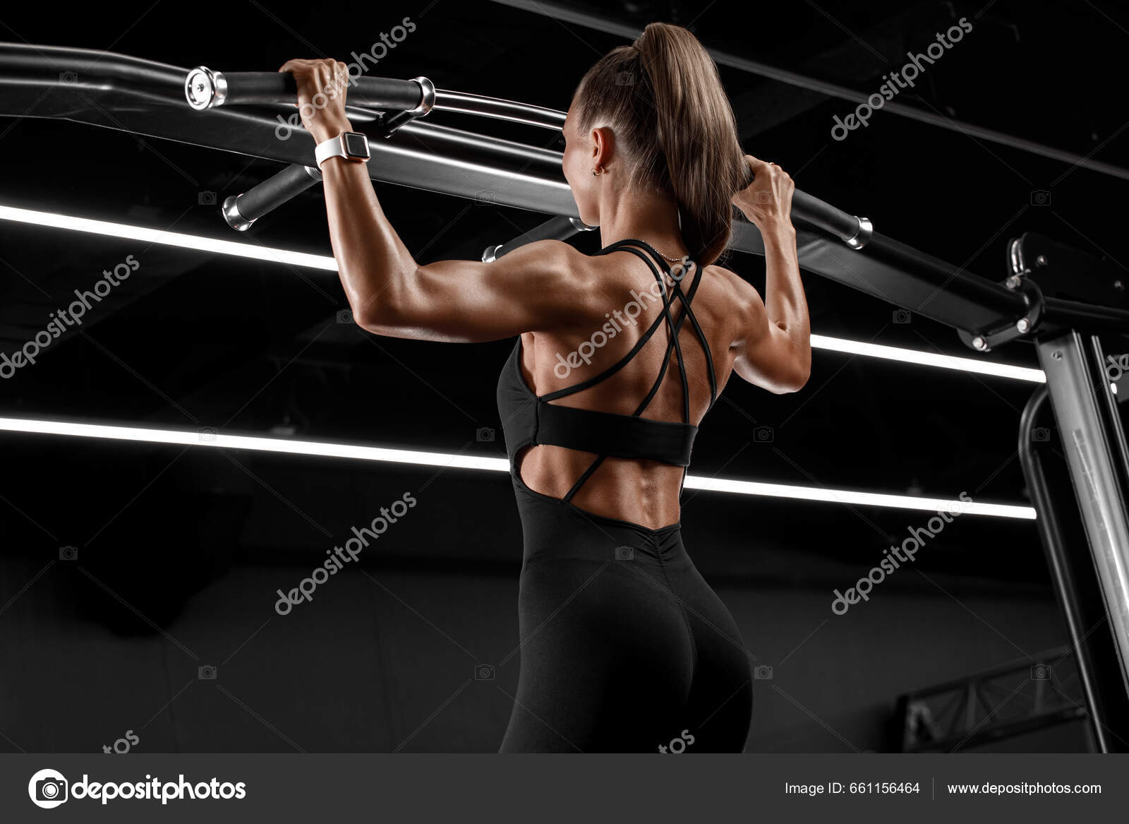 Fitness Woman Working Out Gym Doing Pull Ups Exercise Back Stock