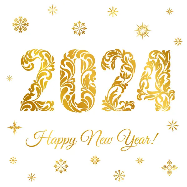 Happy New Year 2024 Snowflakes Golden Figures Made Floral Ornament Stock Vector