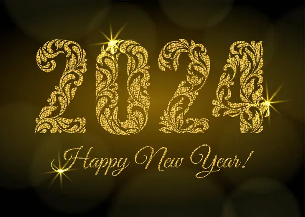 Happy New Year 2024 Figures Floral Ornament Golden Glitter Sparks Royalty Free Stock Illustrations