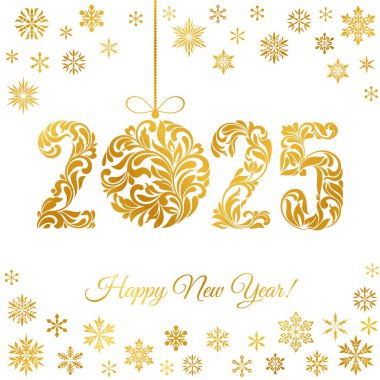 Mutlu yıllar 2025. Altın figürler ve kar taneleriyle izole edilmiş beyaz bir zemin üzerindeki çiçek süslemesinden Noel balosu. Tebrik kartı, afiş, poster için uygun