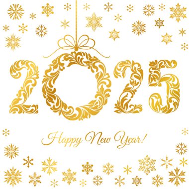 Mutlu yıllar 2025. Girdap ve çiçek elementlerinden yapılmış dekoratif yazı tipi. Beyaz arka planda izole edilmiş Altın Sayılar, kar taneleri ve Noel çelenkleri.