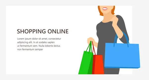 Vektör paneli şablonu. İnternetten alışveriş. Alışveriş torbalı kadın. Yarı yüz görünümü.