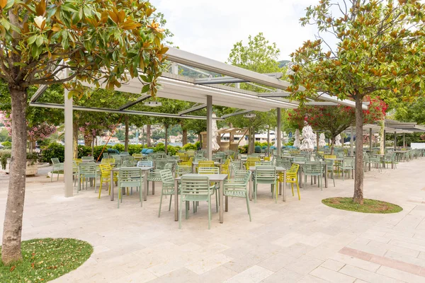 Empty outdoor hotel restaurant garden