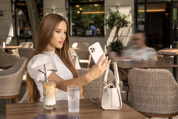 Beautiful Young Woman Taking Selfie Cafe Bar — Photo