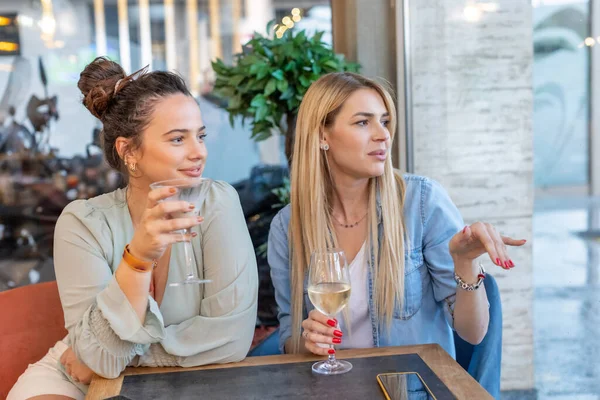Glückliche Freundinnen Trinken Wein Einem Restaurant — Stockfoto