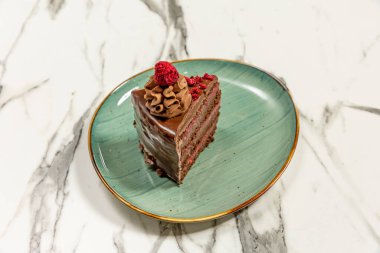 Chocolate raspberry cake served on a plate