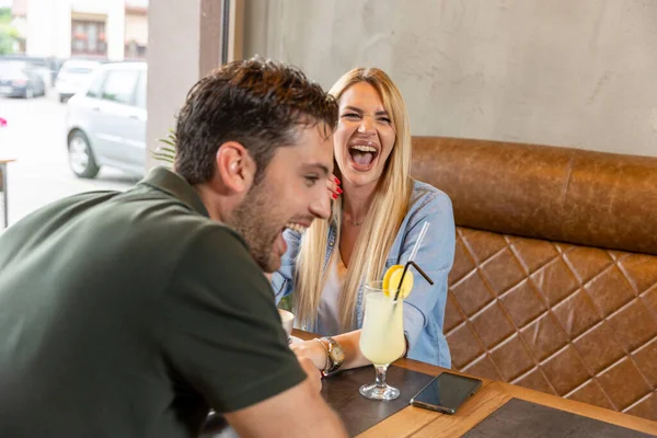 Happy Romantic Couple Sitting Cafe Bar Talking — Stock Photo, Image