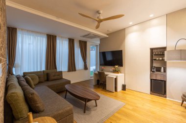 Interior of a modern hotel apartment with brick wall decoration