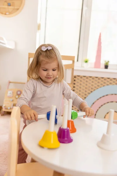 Toddler Girl Playing Bells Kindergarten — Stock Photo, Image